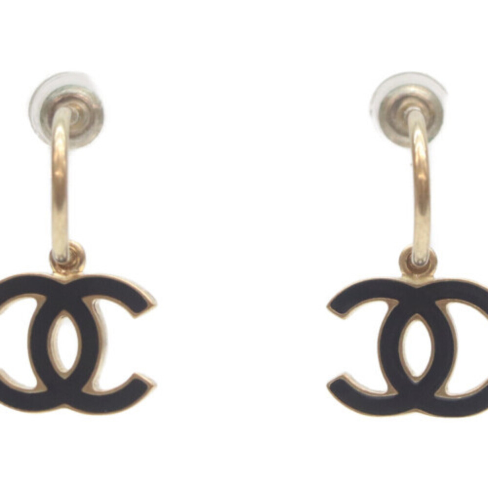 CHANEL 10P Black Enamel Coco Mark Hoop Earrings, & Gold, Women's